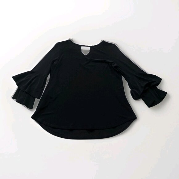 Joseph Ribkoff Top Womens 6 Black V Neck 3/4 Tiered Sleeve High Low Hem Witchy - Picture 13 of 15